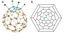 C72Cl4 Estructura molecular (a) i diagrama de Schlegel (b) del C72Cl4