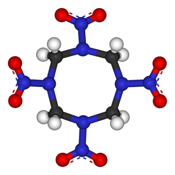 599px-HMX-3D-balls Figura 2. L'estructura molecular del HMX.