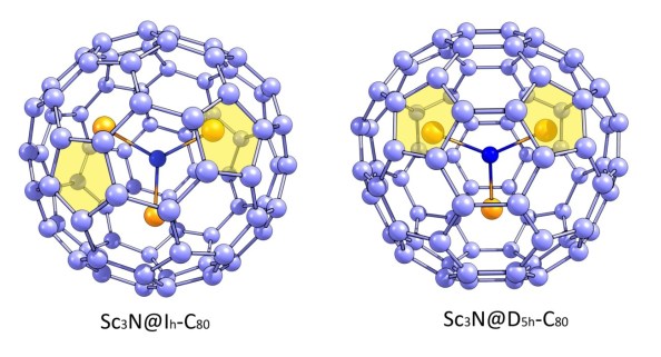 sc3n@c80 Figura 1. Les dues maneres en que es pot trobar el Sc3N@C80: Sc3N@Ih-C80 i Sc3N@D5h-C80